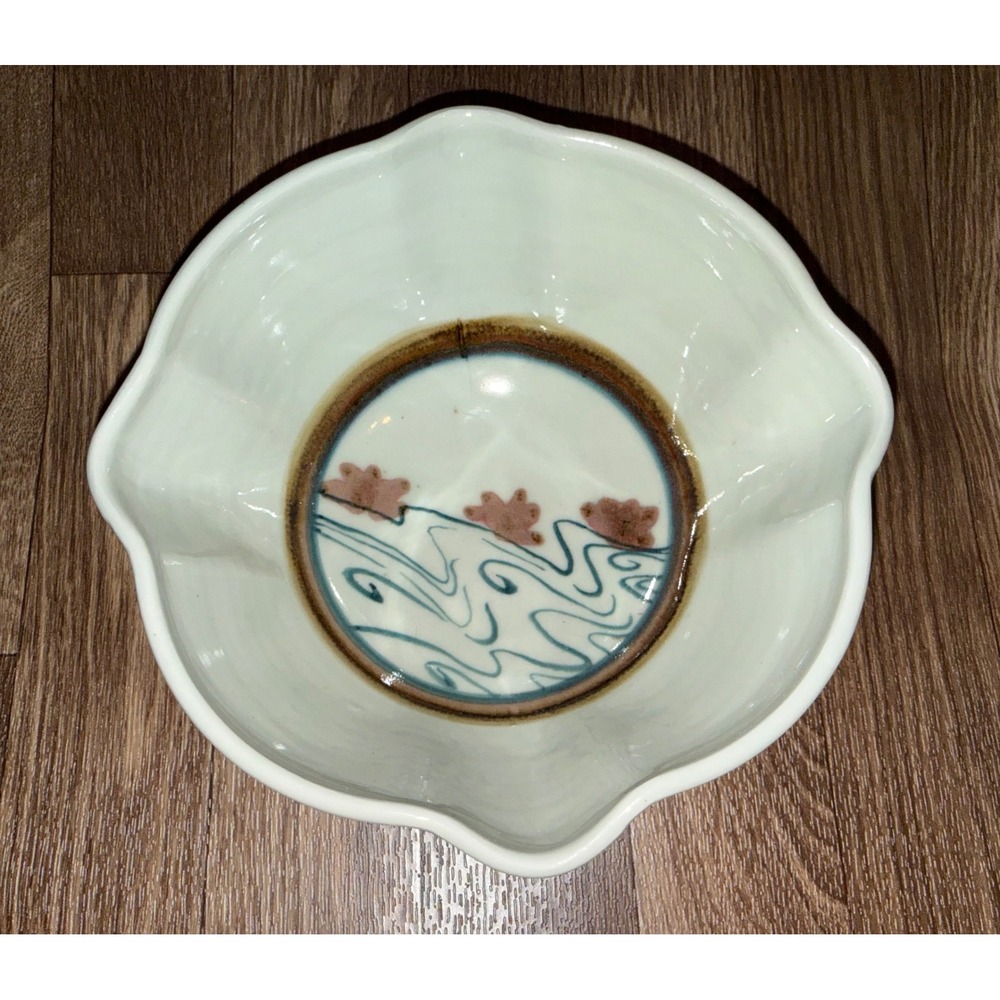 Handcrafted Signed Ceramic Scalloped Bowl White Blue Wave‎ Floral 7.5 Inch